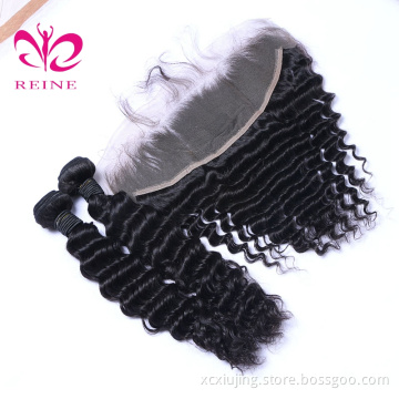 REINE Brazilian Malaysian Peruvian Virgin Hair Weaves 3 Bundles with Lace Frontal  Deep Wave 9A Indian Cambodian Remy Human Hair